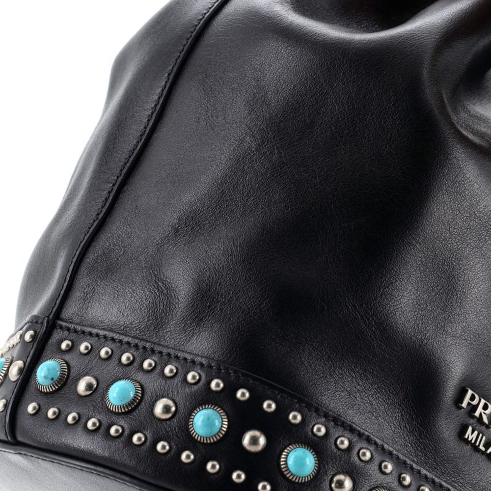 Black Leather Bucket Bag with Turquoise Stud Accents - Picture 6 of 12